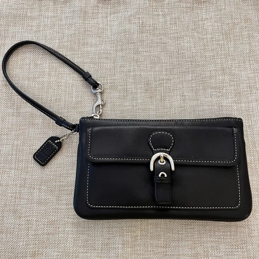 Coach Soho Black Leather Flap Wristlet Clutch Contrast Stitch Y2K Hangtag Mint